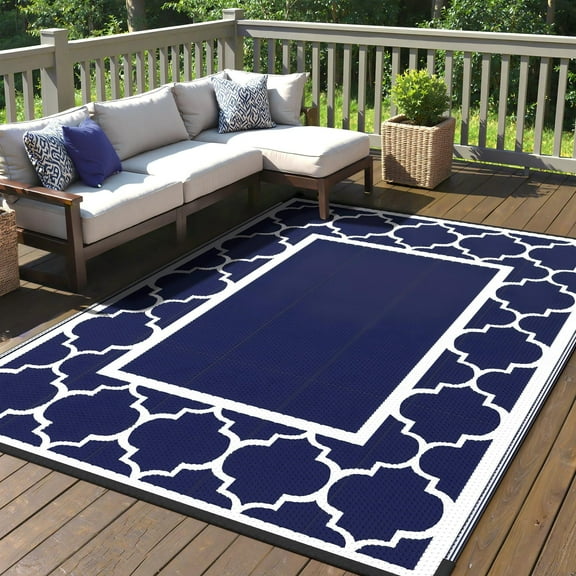 DEORAB Outdoor Rugs Waterproof Plastic Straw Mat 6'x9' Reversible Patio Deck Beach Blue & White