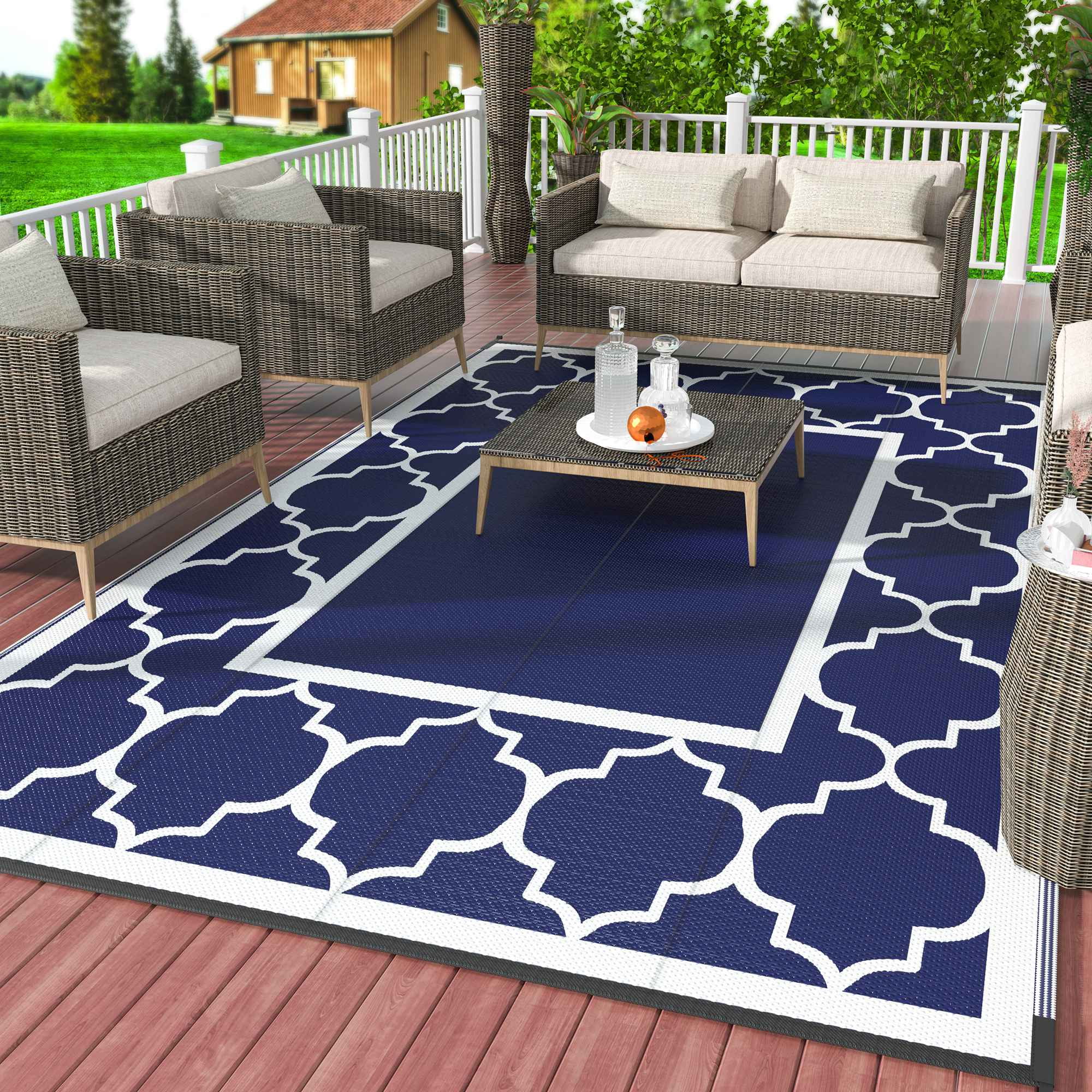 DEORAB 6'X9' Outdoor Rug Clearance Plastic Mat Deck Porch Camper Balcony ,Blue White