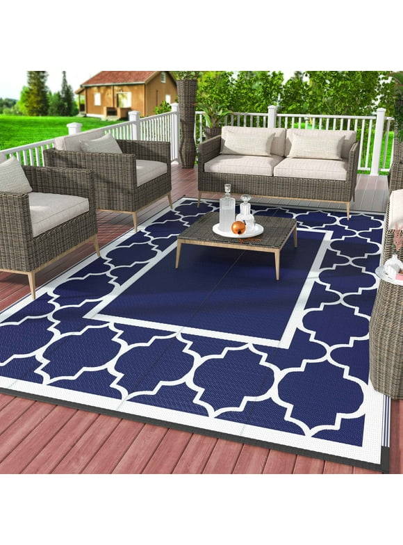 DEORAB 6'x9' Outdoor Rug Patio Clearance Straw Plastic Mat Deck Porch Camper Balcony Blue White