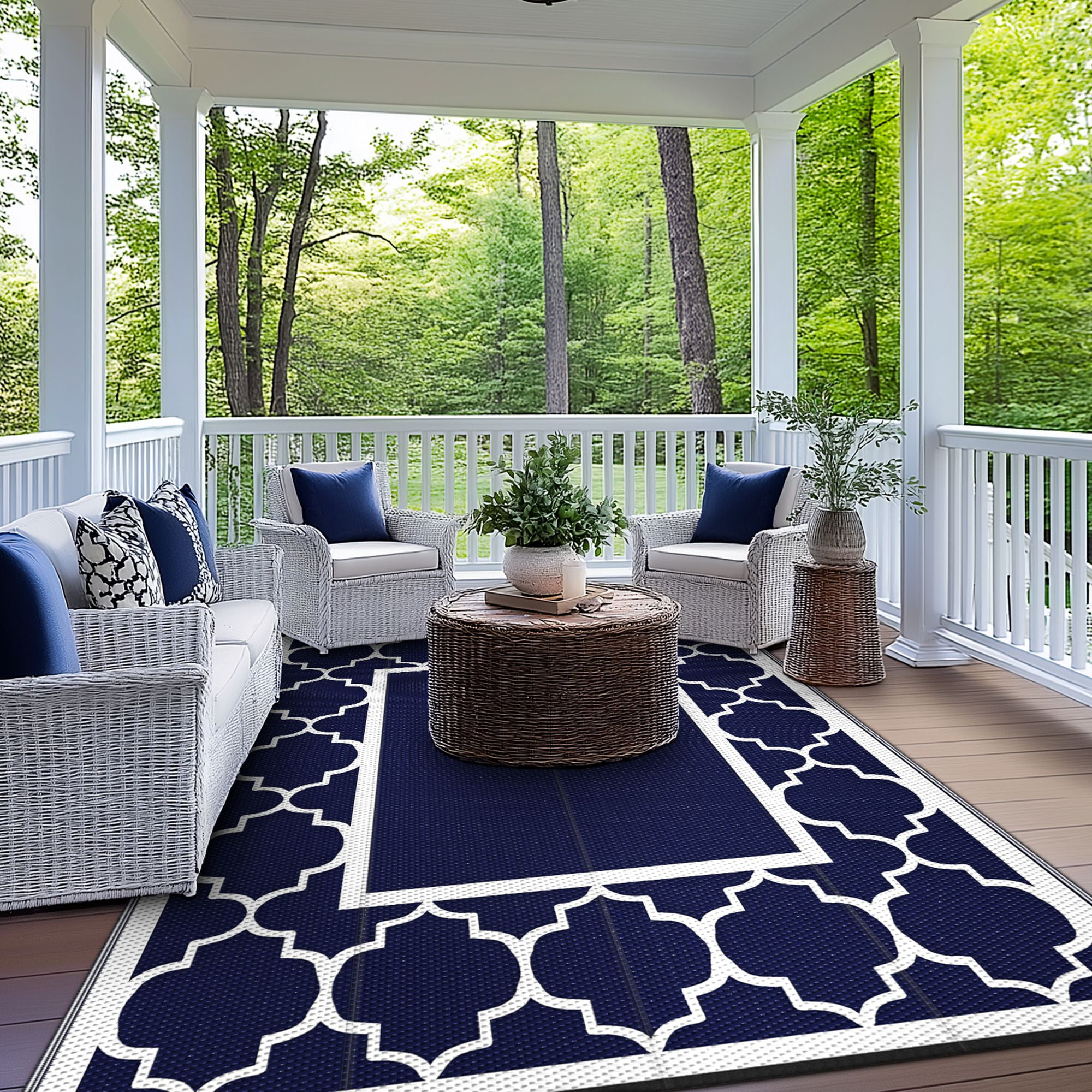 DEORAB 6 X9 Outdoor Rug Clearance Plastic Mat Deck Porch Camper Balcony Blue White