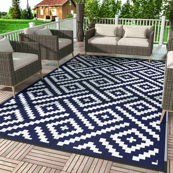 DEORAB Outdoor Rugs Waterproof Plastic Straw Mat 6'x9' Reversible for RV Patio Deck Beach Navy & BlueWhite