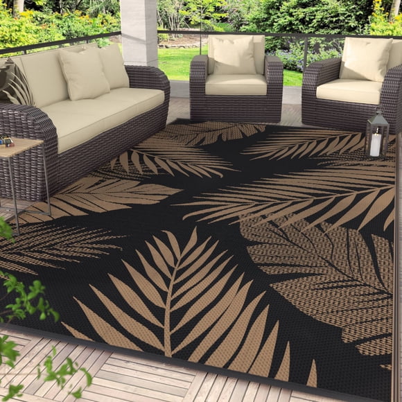 DEORAB 6'x9' Outdoor Rugs Patio Waterproof Outside Mat Reversible Plastic Camping Carpet, Black & Brown