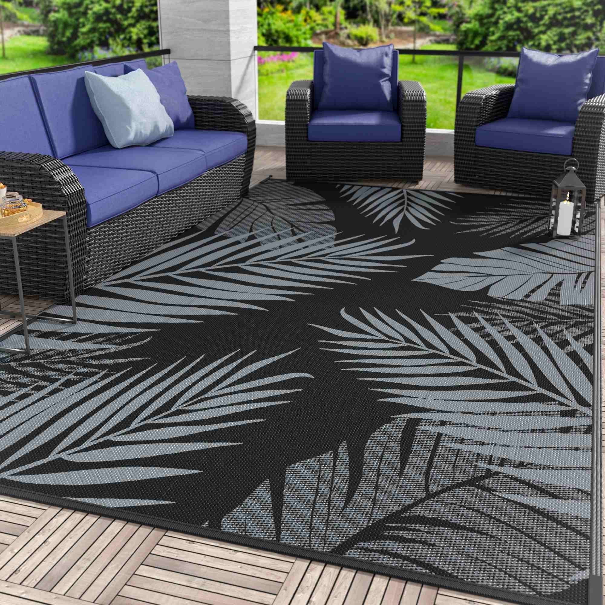 DEORAB 6'x9' Indoor/Outdoor Patio Rug, Waterproof, Reversible, Black&Grey