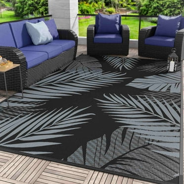 DEORAB 6'x9' Outdoor Rugs Patio Waterproof Outside Mat Reversible Plastic Camping Carpet,Black & Grey