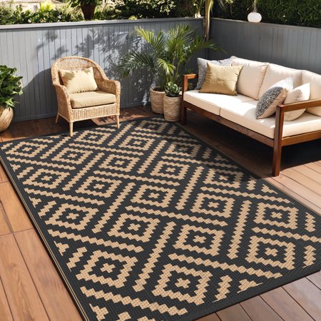 DEORAB Outdoor Rugs Waterproof Plastic Straw Mat 6'x9' Reversible for RV Patio Deck Beach Black & Brown