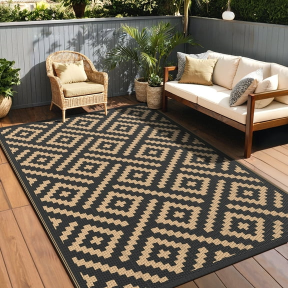 DEORAB Outdoor Rugs Waterproof Plastic Straw Mat 6'x9' Reversible for RV Patio Deck Beach Black & Brown