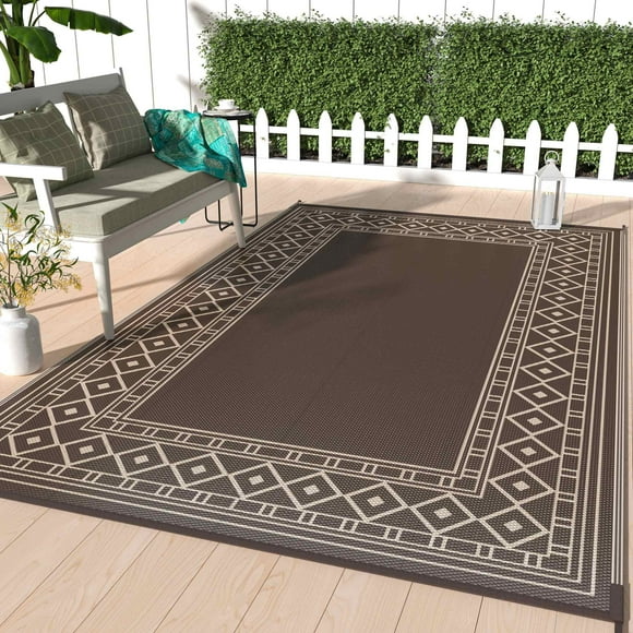 DEORAB 6'x9' Outdoor Rugs Waterproof Patio Reversible Plastic Carpet Camping Outside Mat,Coffee & Brown