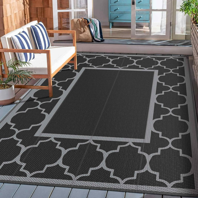 GENIMO Outdoor Rug for Patio Clearance,9'x18' Waterproof Mat,Reversible  Plastic Camping Rugs,Rv,Porch,Deck,Camper,Balcony,Backyard,Black & Gray