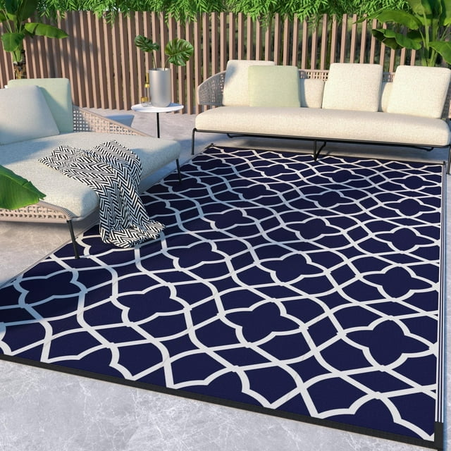 DEORAB 6'x9' Outdoor Rugs Reversible Plastic Straw Patio Outside Carpet Clearance Camping RV Mat,Blue & White
