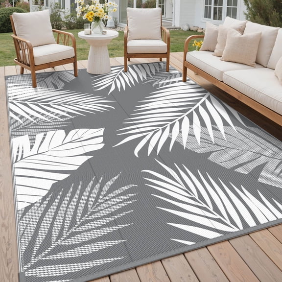 DEORAB 6'x9' Outdoor Rugs Waterproof Patio Lightweight Reversible Plastic Carpet Outside Camping Mat,Gray & White