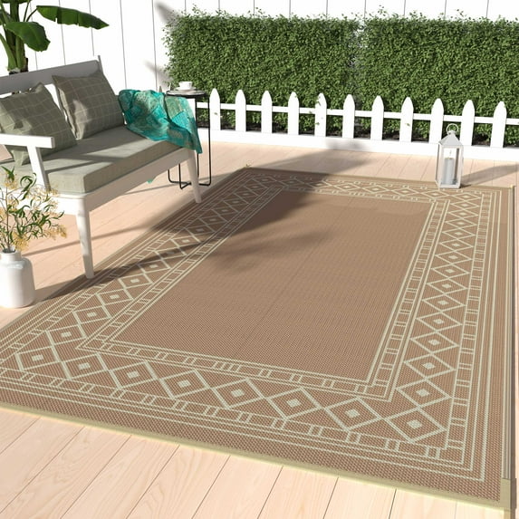 DEORAB 6'x9' Outdoor Rugs Waterproof Patio Reversible Plastic Carpet Camping Outside Mat For Garden RV Camping Porch Deck Backyard, Brown & Beige