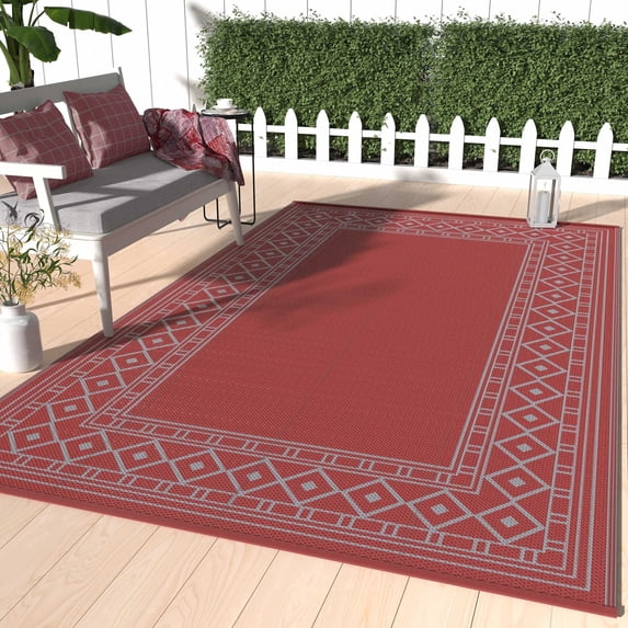 DEORAB 6'x9' Outdoor Rugs Waterproof Patio Reversible Plastic Carpet Camping Outside Mat,Red & Grey