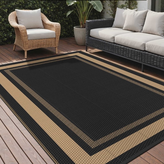 DEORAB 6'x9' Outdoor Rugs Waterproof Patio Reversible Plastic Geometric Carpet Camping Outside Mat,Black & Brown