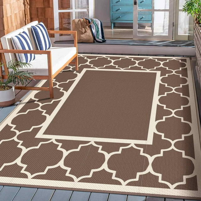 DEORAB Outdoor Rugs Waterproof Plastic Straw Mat 8'x10' Reversible for RV Patio Deck Beach Coffee & Beige