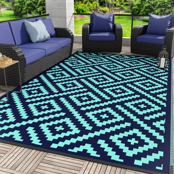 DEORAB 8'x10' Outdoor Patio Waterproof Rug,Reversible Plastic Camping Mat,Navy Blue & Jade Green