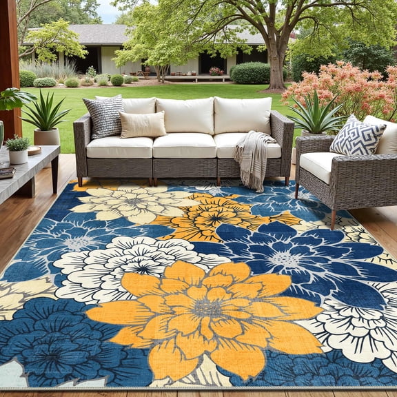 DEORAB 8'x10' Outdoor Rug Chenille Patio Carpet Three-Layer Material Imitation Silicone Spot Molding Camping Outside RV Mat,Blue