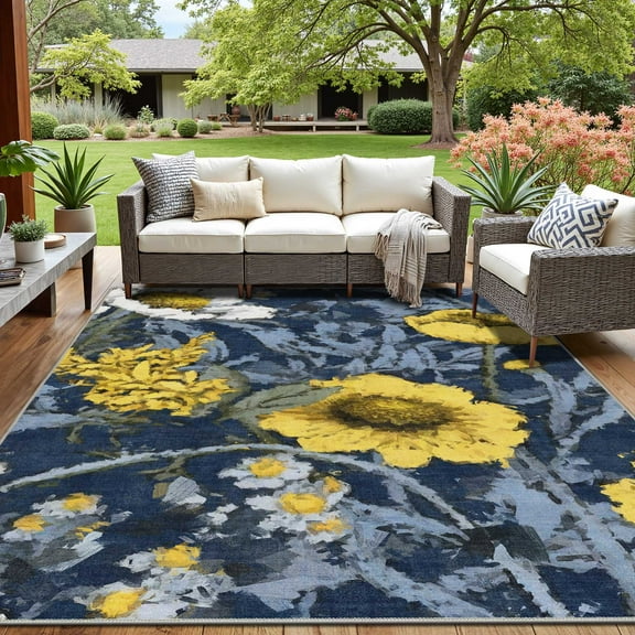 DEORAB 8'x10' Outdoor Rug Chenille Patio Mat Three-Layer Material Imitation Silicone Spot Molding Camping Garden Outside RV Carpet Blue