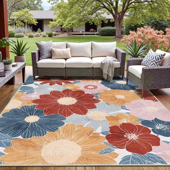 DEORAB 8'x10' Outdoor Rug Chenille Patio Mat Three-Layer Material Imitation Silicone Spot Molding Camping Garden Outside RV Carpet Red&Blue