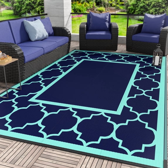 DEORAB Outdoor Rugs Waterproof Plastic Straw Mat 8'x10' Reversible for RV Patio Deck Beach Navy Blue & Jade Green