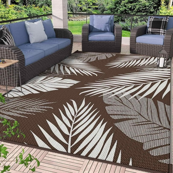 DEORAB 8'x10' Outdoor Rugs Patio Waterproof Outside Mat Reversible Plastic Camping Carpet,Coffee & Beige