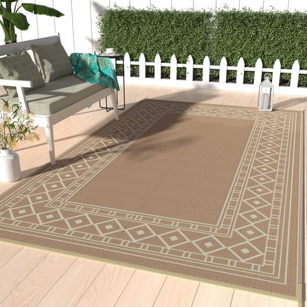 DEORAB 8'x10' Outdoor Rugs Waterproof Patio Reversible Plastic Carpet Camping Outside Mat For Garden RV Camping Porch Deck Backyard, Brown & Beige