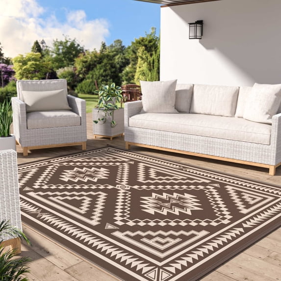 DEORAB 8'x10' Outdoor Rugs Waterproof Reversible Plastic Straw Patio Outside Carpet Camping RV Mat,Coffee & Beige