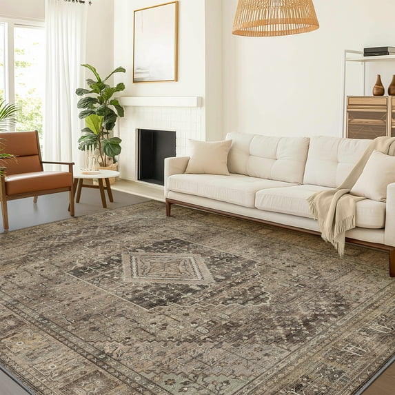 DEORAB 8X10 Area Rugs for Living Room, Non Slip Indoor Vogue Area Rugs, Low Pile Lightweight Vintage Large Print Mat for Bedroom Dining Room Home Office and Hall, Ultra-Thin, TAN