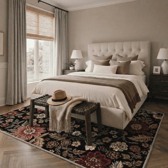 DEORAB 8x10 Area Rugs Floral Dark Burgundy Low Pile Lightweight Machine Washable Non Slip Rug for Living Room, Bedroom