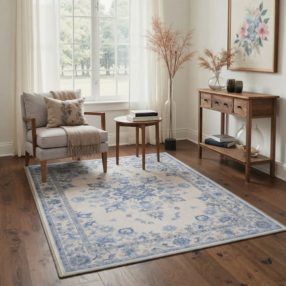 DEORAB 8x10 Area Rugs Floral Medallion Dusty Blue Low Pile Lightweight Machine Washable Non Slip Rug for Living Room, Bedroom