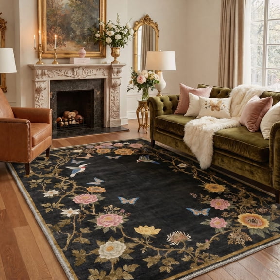 DEORAB 8x10 Area Rugs Floral Print Pattern Low Pile Lightweight Machine Washable Non Slip Rug for Living Room, Bedroom, Home Decor, Black