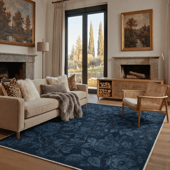 DEORAB 8x10 Area Rugs Floral Print Pattern Low Pile Lightweight Machine Washable Non Slip for Living Room, Bedroom, Home Decor, Blue