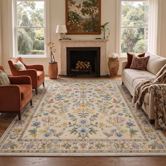 DEORAB 8x10 Area Rugs Floral Vines Print Pattern Dusty Beige Low Pile Lightweight Indoor Machine Washable Non Slip Rug for Living Room, Bedroom