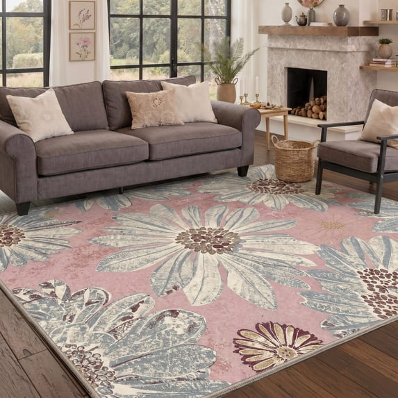 DEORAB 8x10 Area Rugs for Living Room, Vintage Daisies Print Pattern, Low Pile Soft Machine Washable Rugs, Non Slip, Rug for Bedroom, Lightweight Indoor Home Decor Center Piece