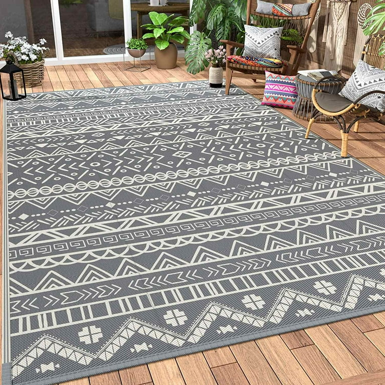 DEORAB 8x10 Outdoor Rug Waterproof, Reversible Mats, Outdoor Area Rug,  Plastic Outside Carpet, Geometric Rv Mat for Patio,Camping, gray&white 