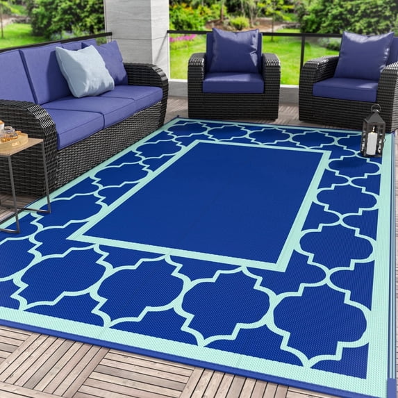 DEORAB 9'X12' Outdoor Rug Clearance Waterproof Patio Mat Reversible Plastic Camping Carpet,Royal Blue & Blue Green
