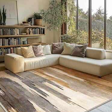 DEORAB 9'X12' Outdoor Rugs Chenille Machine Washable Three-Layer Material Non Slip Imitation Silicone Spot Molding Camping Deck Balcony Porch Carpet, Brown & Beige