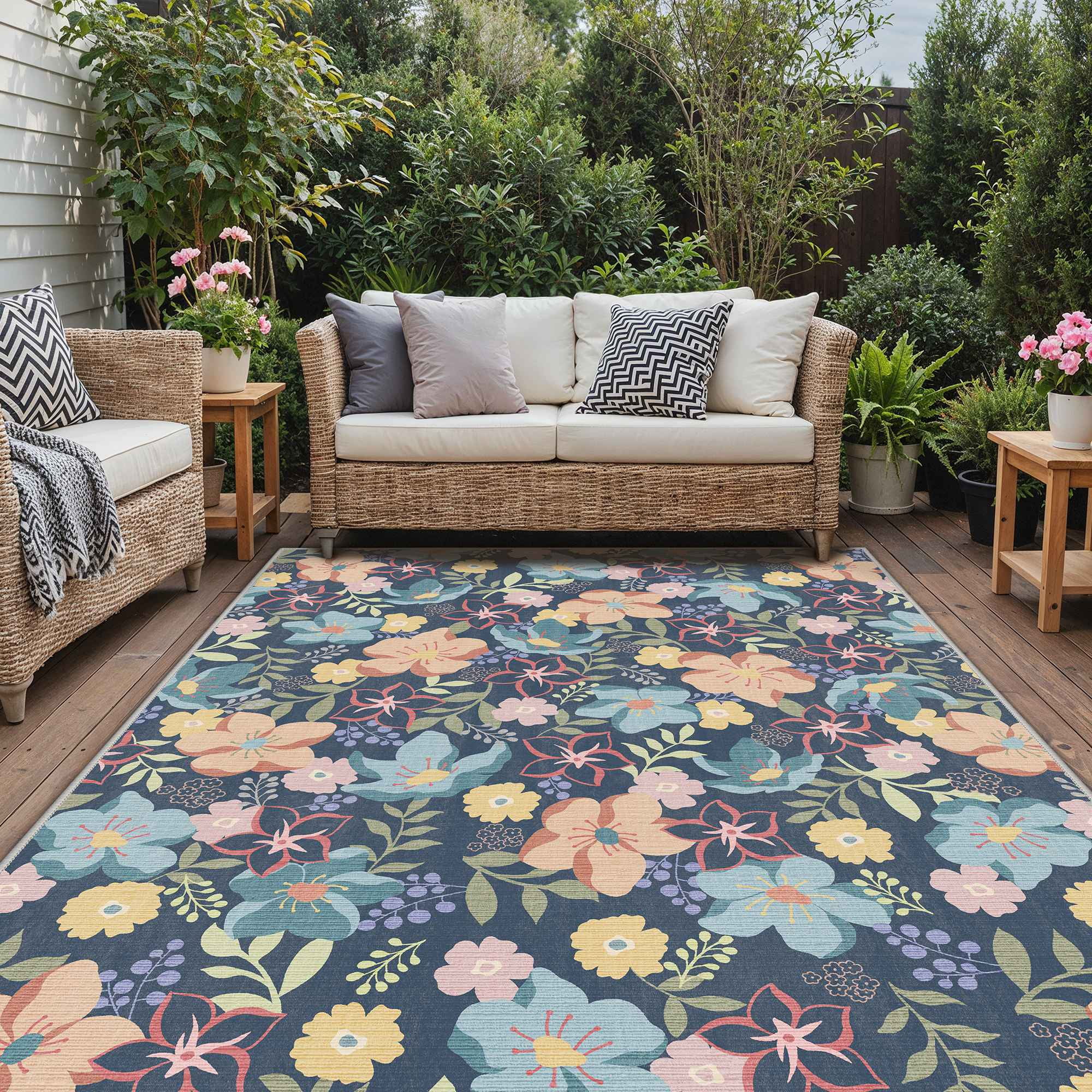 DEORAB 9'x12' Outdoor Rug Chenille Patio Carpet Three-Layer Material Imitation Silicone Spot Molding Camping Outside RV Mat,Blue
