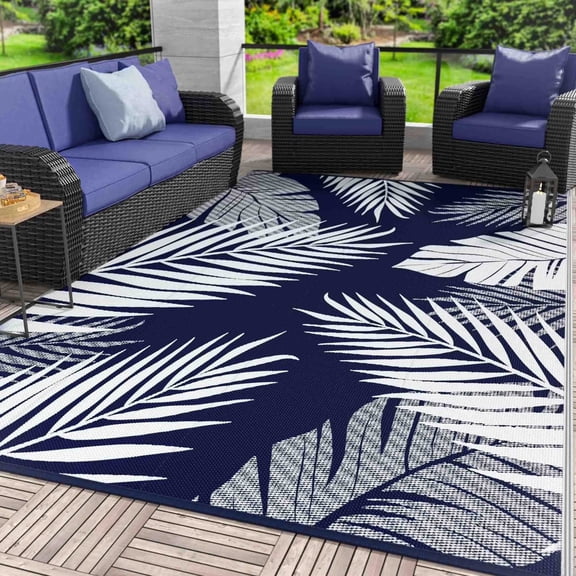 DEORAB 9'x12' Outdoor Rugs Patio Waterproof Outside Mat Reversible Plastic Camping Carpet,Navy blue & White