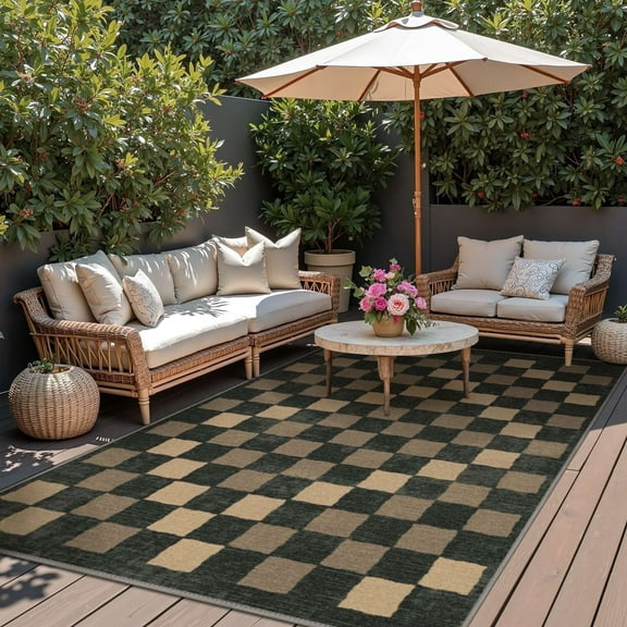 DEORAB Outdoor Rugs 9'X12' Chenille Patio Rug Three-Layer Material Imitation Silicone Spot Molding Camping Outside Rv Mat, Blue Black & Brown