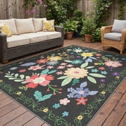 DEORAB 8'x 10' Outdoor Rug Chenille 3-Layers Patio Washable Mat Imitation Silicone Material Camping Garden RV Carpet,BLACK