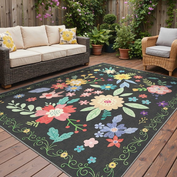 DEORAB 4'x 6' Outdoor Rug Chenille 3-Layers Patio Washable Mat Imitation Silicone Material Camping Garden RV Carpet,BLACK