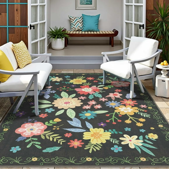 DEORAB 4'x 6' Outdoor Rug Chenille 3-Layers Patio Washable Mat Imitation Silicone Material Camping Garden RV Carpet,BLACK