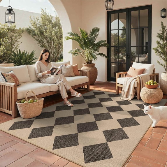 DEORAB Jute Outdoor Rug 8x10 Checkered Jute Rug Polyester Machine Jacquard Weave Easy-Cleaning Non Slip Geometric Carpet Patio Backyard Porch Deck Balcony Smooth Diamond