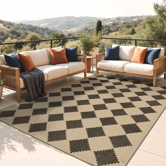 DEORAB Jute Outdoor Rug 8x10 Checkered Jute Rug Polyester Machine Weave Easy-Cleaning Non Slip Geometric Carpet Patio Backyard Porch Deck Balcony Zigzag Diamond