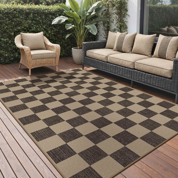 DEORAB Jute Outdoor Rug 8x10 Checkered Jute Rug Polyester Machine Weave Easy-Cleaning Non Slip Patio Backyard Porch Deck Balcony Checkerboard