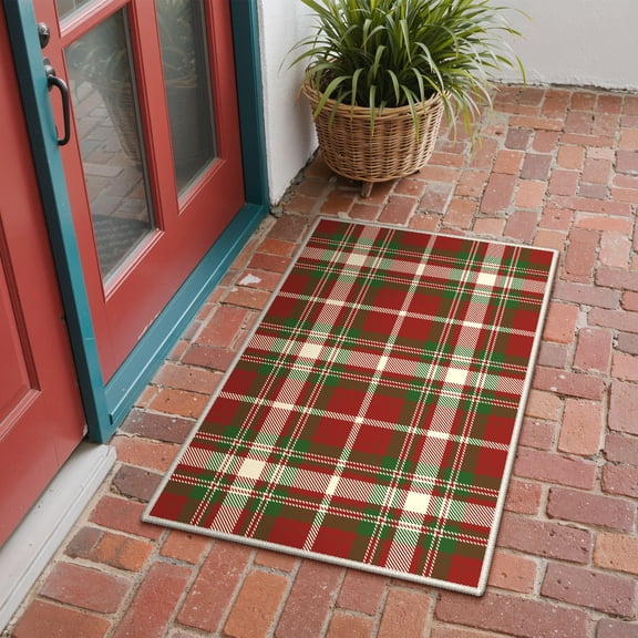 DEORAB Outdoor Door Mat 2'x 3' Welcome Mat Chenille Three-Layer Material Imitation Silicone Spot Molding Washable Carpet Front Door Mat Entryway Patio Red & Green