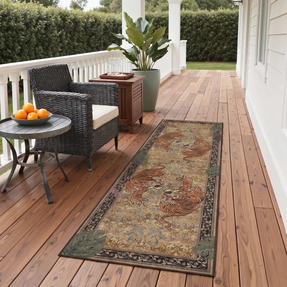 DEORAB Outdoor Rug 2.5'X8' Chenille Patio Carpet Washable Non Slip Three-Layer Material Animal Print Rug Camping Outside RV Mat Brown