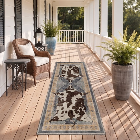 DEORAB Outdoor Rug 2.5'X8' Chenille Patio Carpet Washable Non Slip Three-Layer Material Animal Print Rug Camping Outside RV Mat,Cow Yellow Grey
