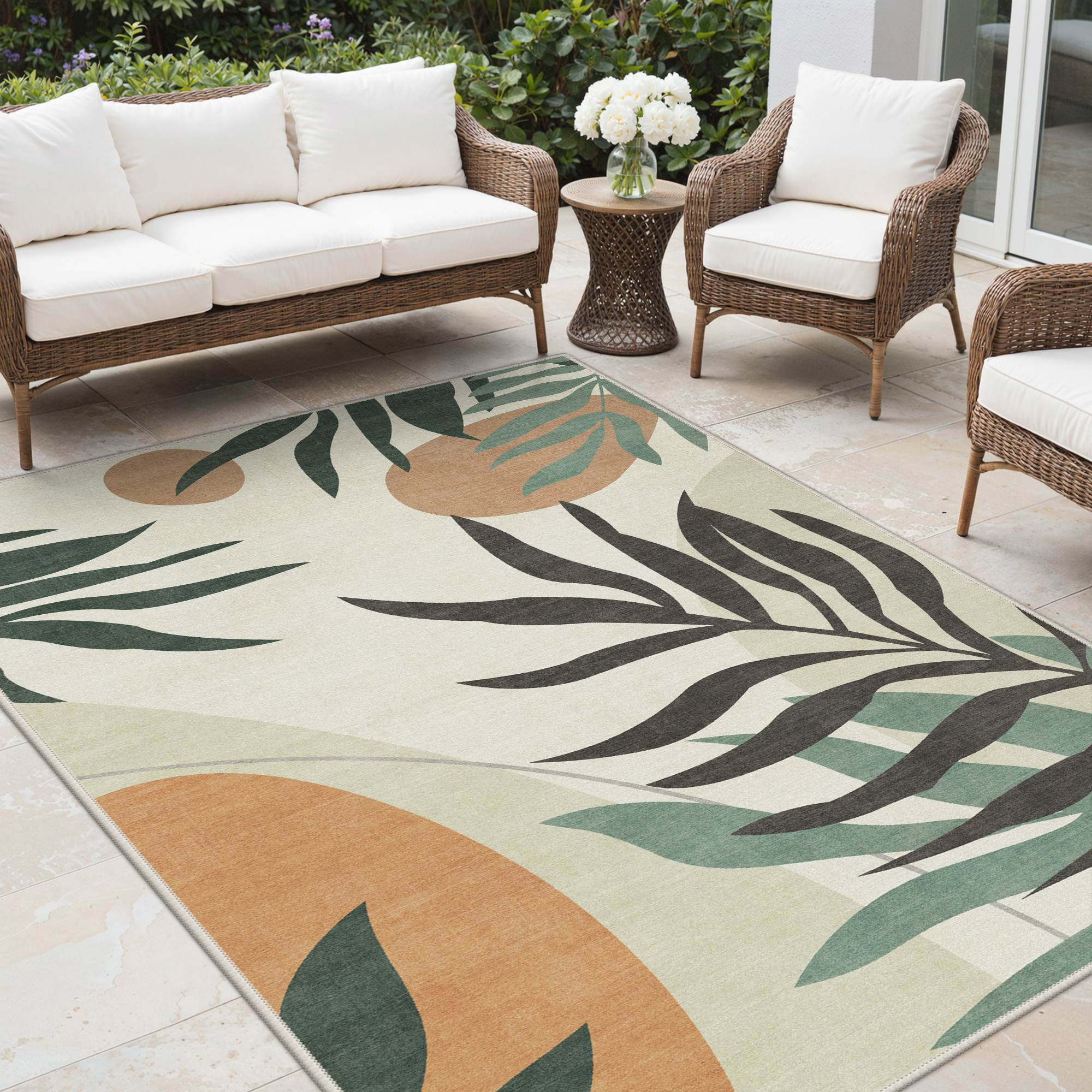 DEORAB Outdoor Rug 4'X6' Chenille Patio Carpet Three-Layer Material Imitation Silicone Spot Molding Camping Outside RV Mat,Beige&Green