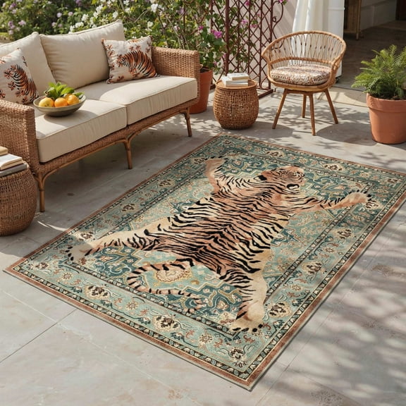 DEORAB Outdoor Rug 5'X8' Chenille Patio Carpet Washable Non Slip Three-Layer Material Animal Print Rug Camping Outside RV Mat,Green